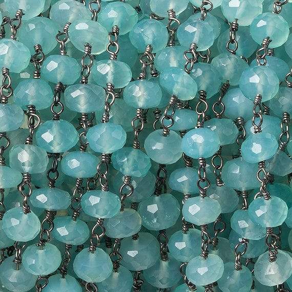 6mm Seafoam Blue Chalcedony faceted rondelle Black Gold Chain by the foot 33 beads (ONLINE ORDER ONLY)