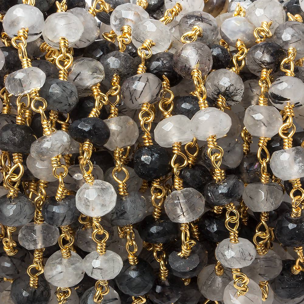 6mm Tourmalinated Quartz faceted rondelle Gold Chain by the foot 30 pieces (ONLINE ORDER ONLY)