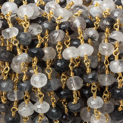 6mm Tourmalinated Quartz faceted rondelle Gold Chain by the foot 30 pieces (ONLINE ORDER ONLY)