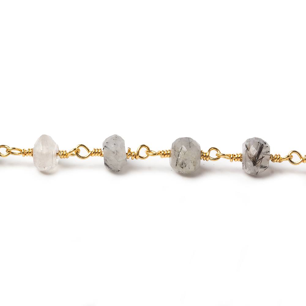 6mm Tourmalinated Quartz faceted rondelle Gold Chain by the foot 30 pieces (ONLINE ORDER ONLY)
