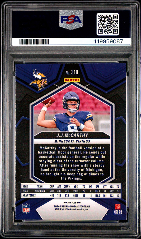 Graded 2024 Panini Mosaic JJ McCarthy #310 Reactive Yellow Rookie RC Football Card PSA 9 Mint (ONLINE ORDER ONLY)