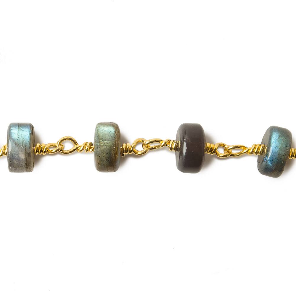 7-7.5mm Labradorite plain rondelles on Gold Plated Chain by the foot (ONLINE ORDER ONLY)