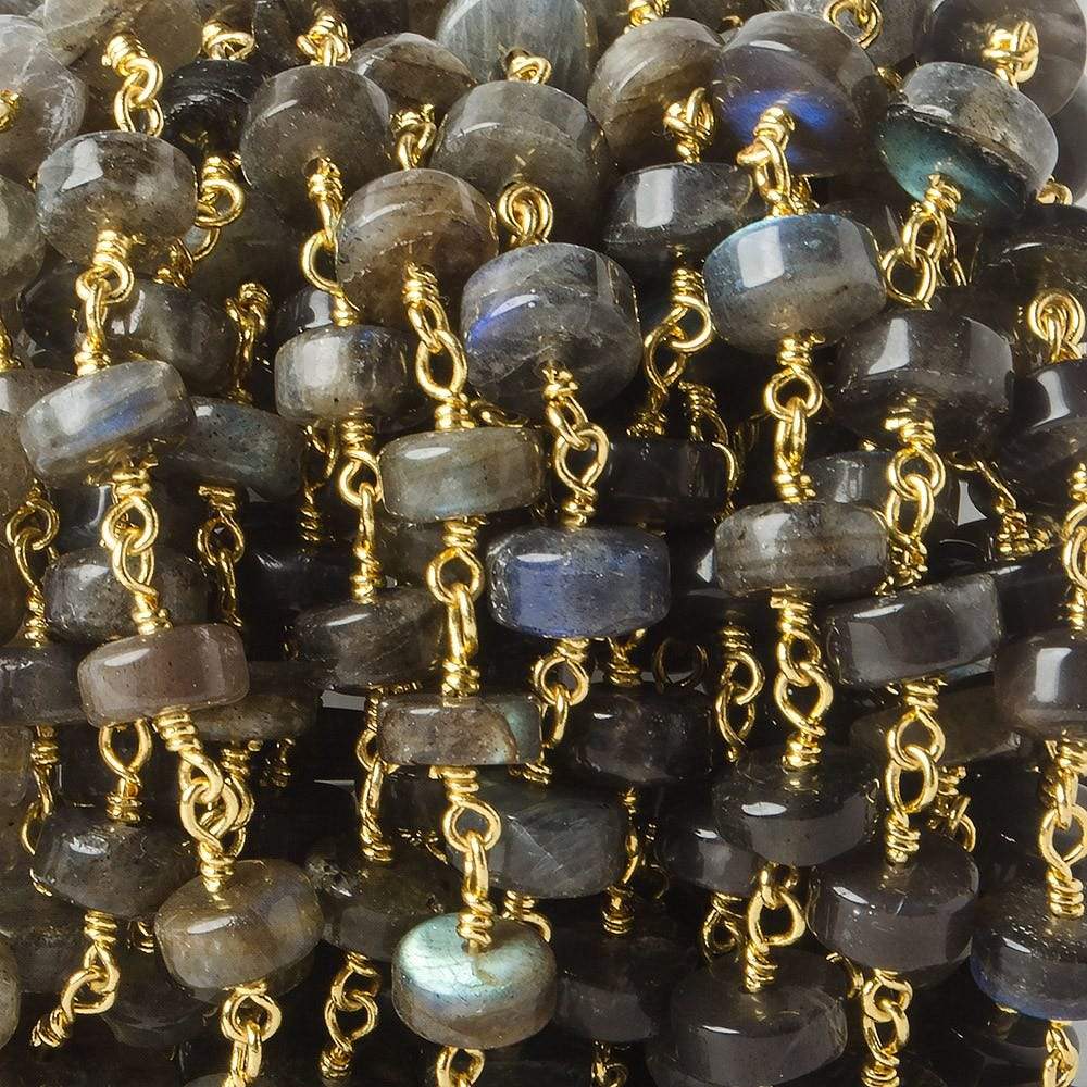 7-7.5mm Labradorite plain rondelles on Gold Plated Chain by the foot (ONLINE ORDER ONLY)