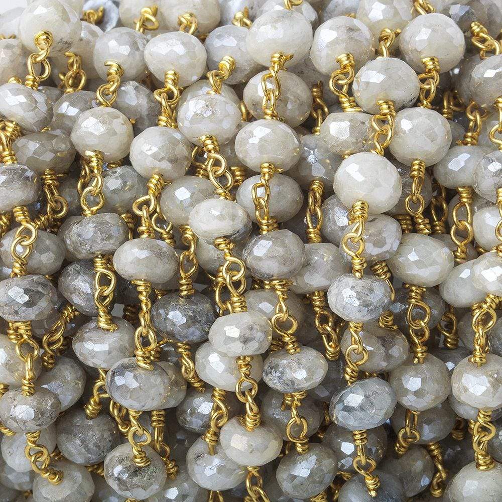7-7.5mm Mystic Platinum Grey Moonstone faceted rondelle Gold Chain by the foot 24 pcs (ONLINE ORDER ONLY)
