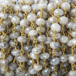 7-7.5mm Mystic Platinum Grey Moonstone faceted rondelle Gold Chain by the foot 24 pcs (ONLINE ORDER ONLY)