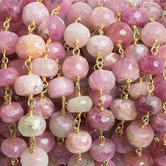 7-8mm Pink Tourmaline faceted rondelle Gold Chain by the foot 27 beads (ONLINE ORDER ONLY)
