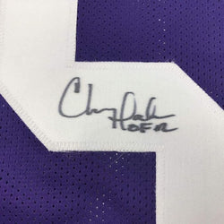 Framed Autographed/Signed Chris Doleman HOF 12 35x39 Minnesota Purple Football Jersey JSA COA