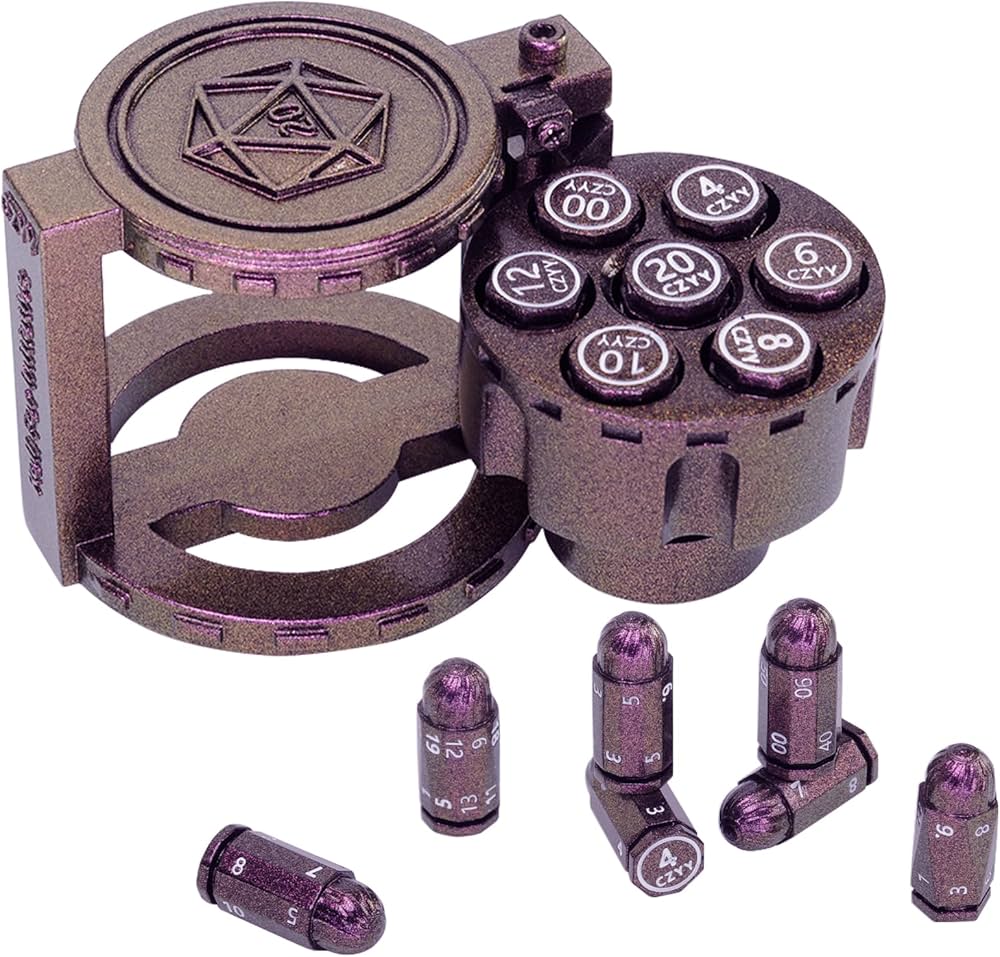 Metal Bullet Dice Set of 7 with Spinning Revolver Cylinder Container (ONLINE ORDER ONLY)