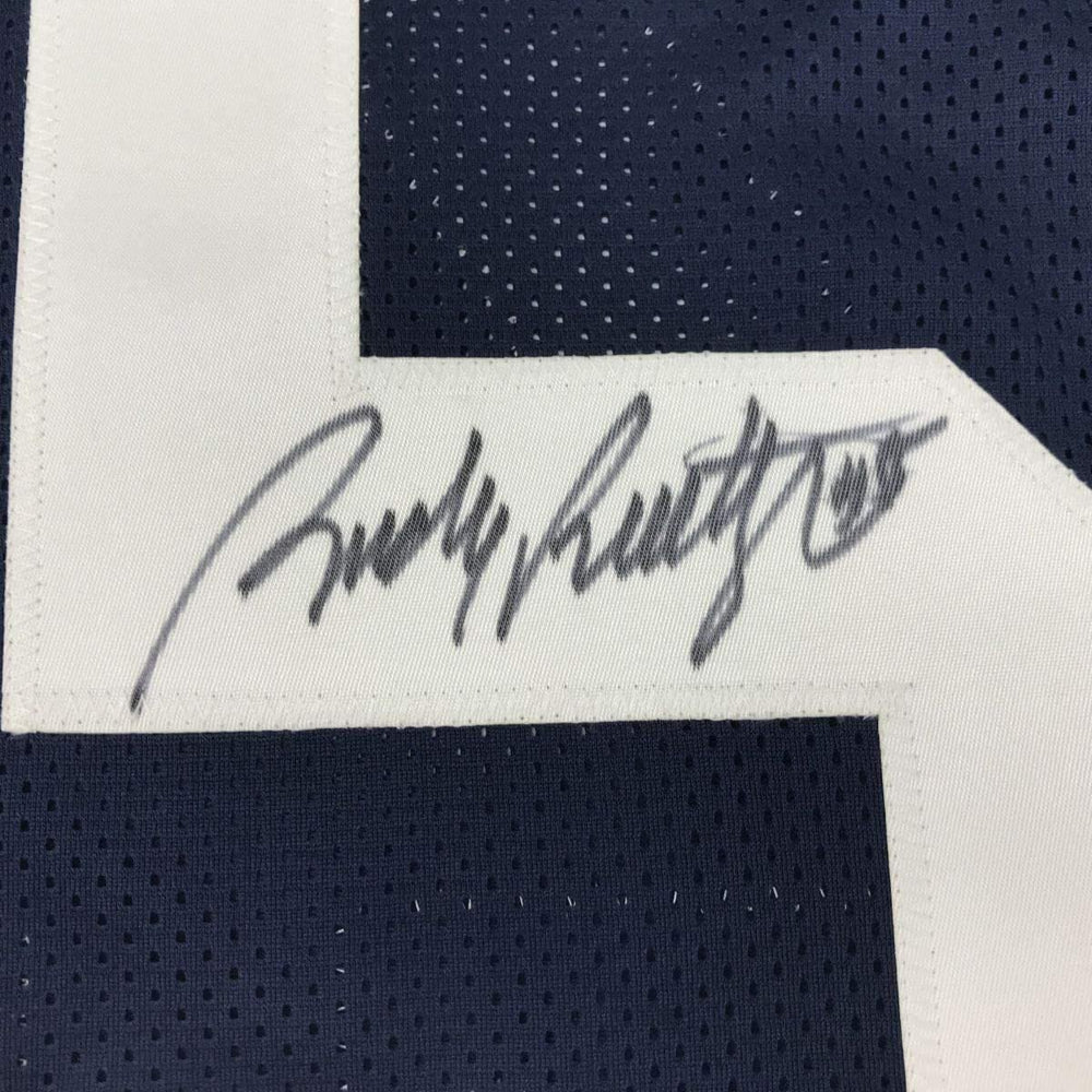 Framed Autographed/Signed Rudy Ruettiger 35x39 Notre Dame Blue Stat College Football Jersey JSA COA