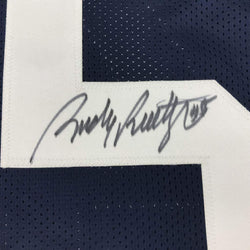 Framed Autographed/Signed Rudy Ruettiger 35x39 Notre Dame Blue Stat College Football Jersey JSA COA