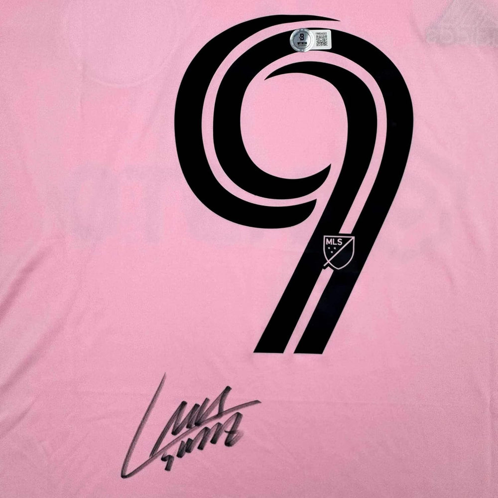 Framed Autographed/Signed Luis Suarez 35x39 Inter Miami Pink Soccer Jersey Beckett BAS COA
