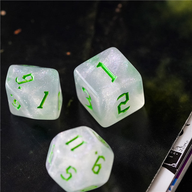 Glitter Party White Glitter Dice (Green font) 7-Dice Set RPG DND (Online Only)