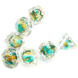 Teal & Orange Colorful Glass Bead Dice 7-Dice Set Resin (Online Only)