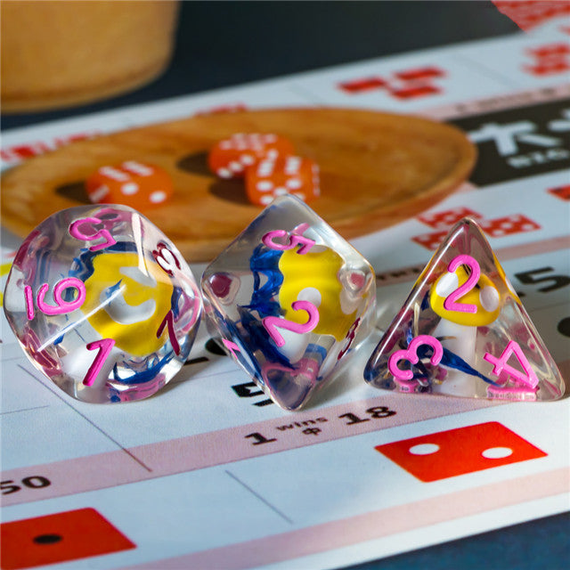 Yellow Mushroom Dice Clear Blue Flower w/Pink Numbers 7-Dice Set Rpg (Online Only)