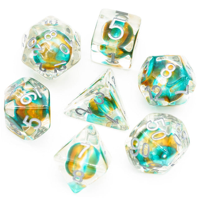 Teal & Orange Colorful Glass Bead Dice 7-Dice Set Resin (Online Only)