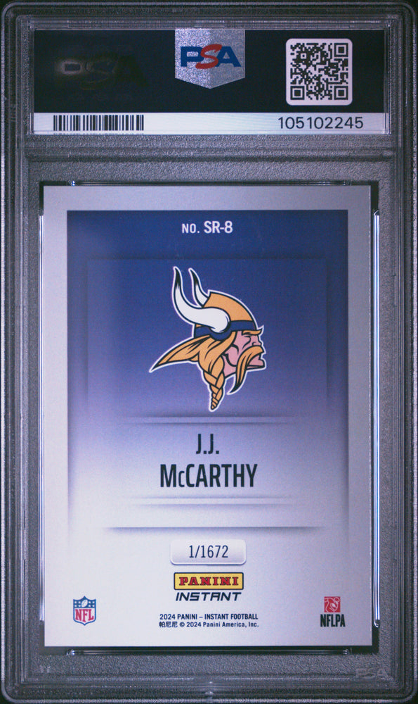 Graded 2024 Panini Instant JJ McCarthy #SR8 Studio Rookies /1672 Rookie RC Football Card PSA 10 Gem Mint (ONLINE ORDER ONLY)