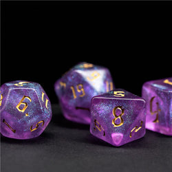 Purple Glitter Party Glitter Dice (Gold font) 7-Dice Set RPG DND (Online Only)
