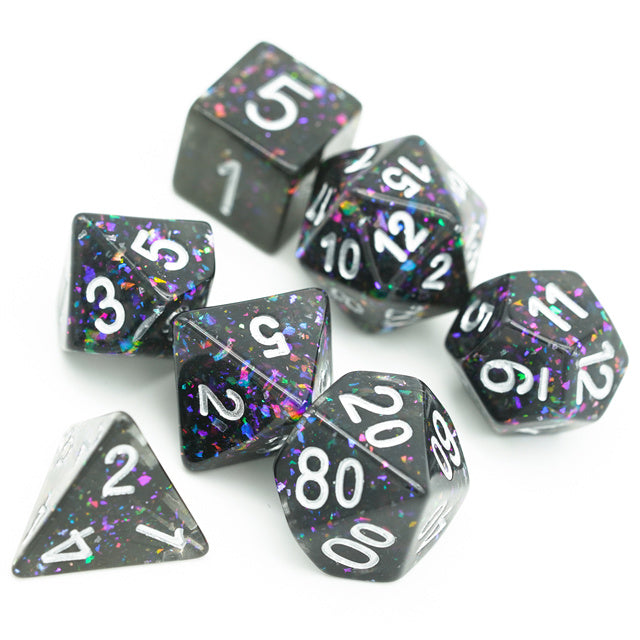 Black Cloud Brocade Powder 7-Dice Dnd Dice | Glitter w/Silver Numbers Set (Online Only)