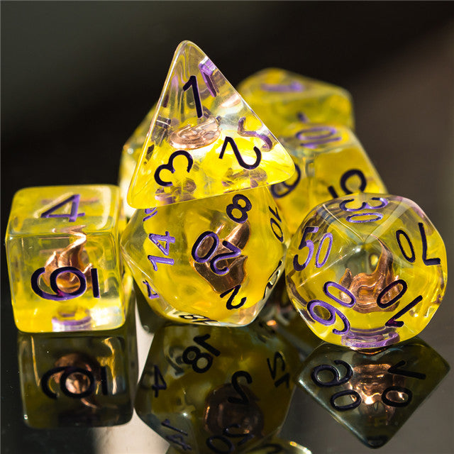 Sorcerer (Fire) Clear Yellow Dice Purple w/ Golden Fire 7-Dice Set Rpg (Online Only)