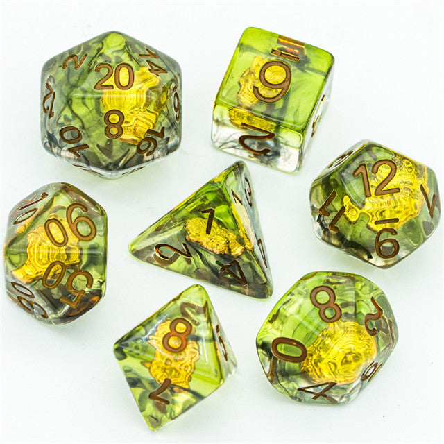 Druid (Wolf Head) Green/gold Dice w/ Golden Wolf Head 7-Dice Set Rpg (Online Only)