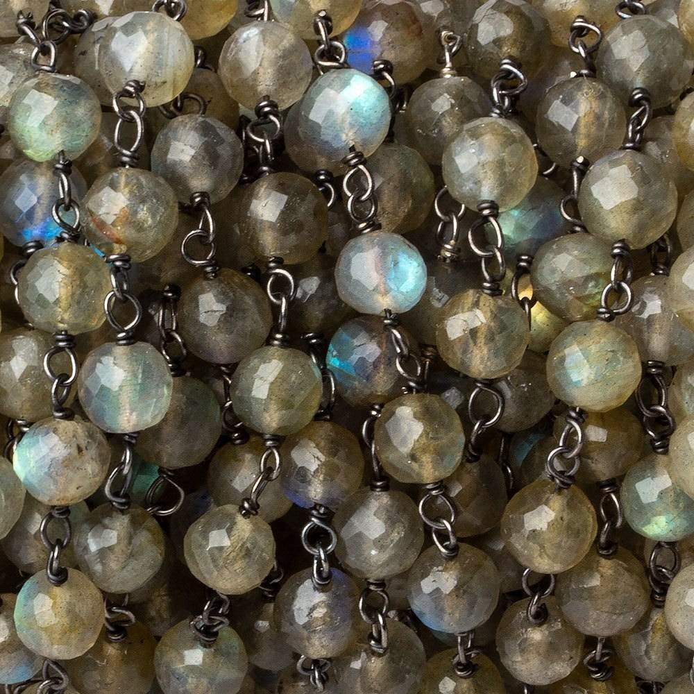 7mm Labradorite faceted round AAA Black Gold plated Silver Chain by the foot 23 beads per (ONLINE ORDER ONLY)