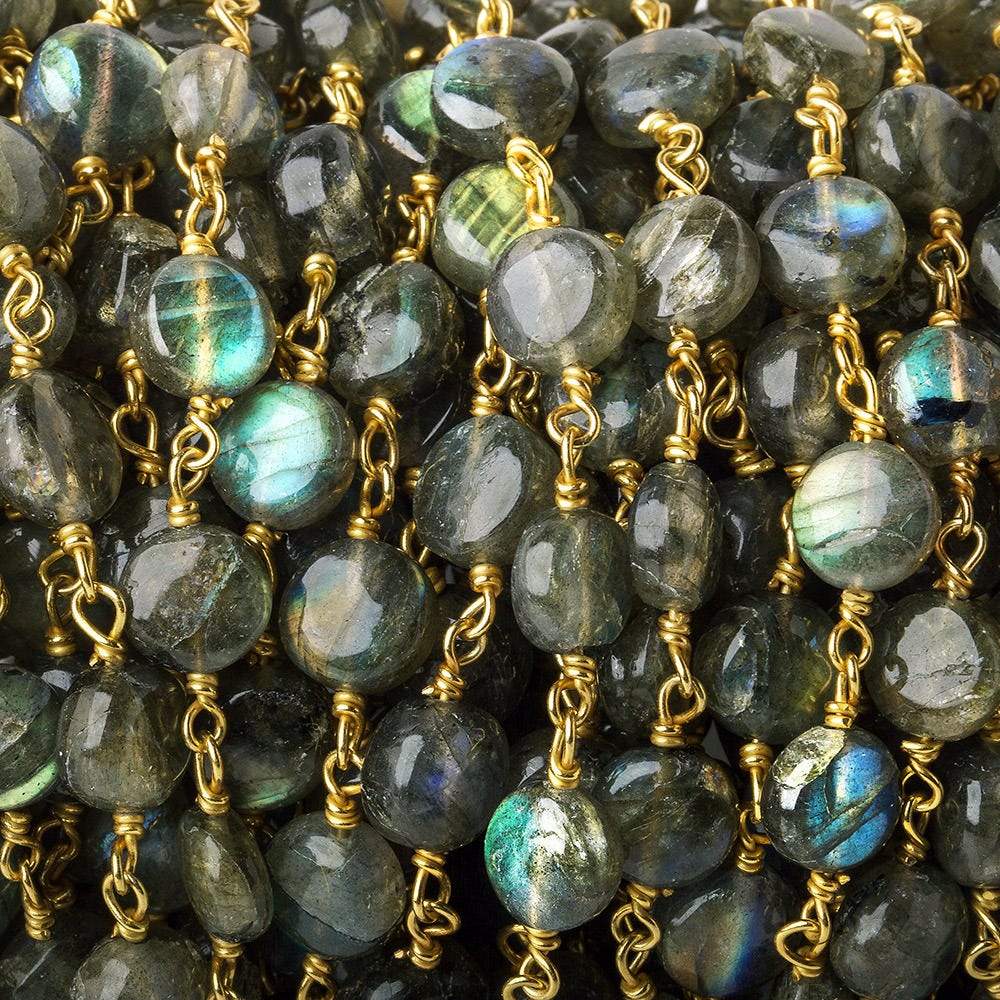7mm Labradorite plain coin Vermeil Chain by the foot (ONLINE ORDER ONLY)