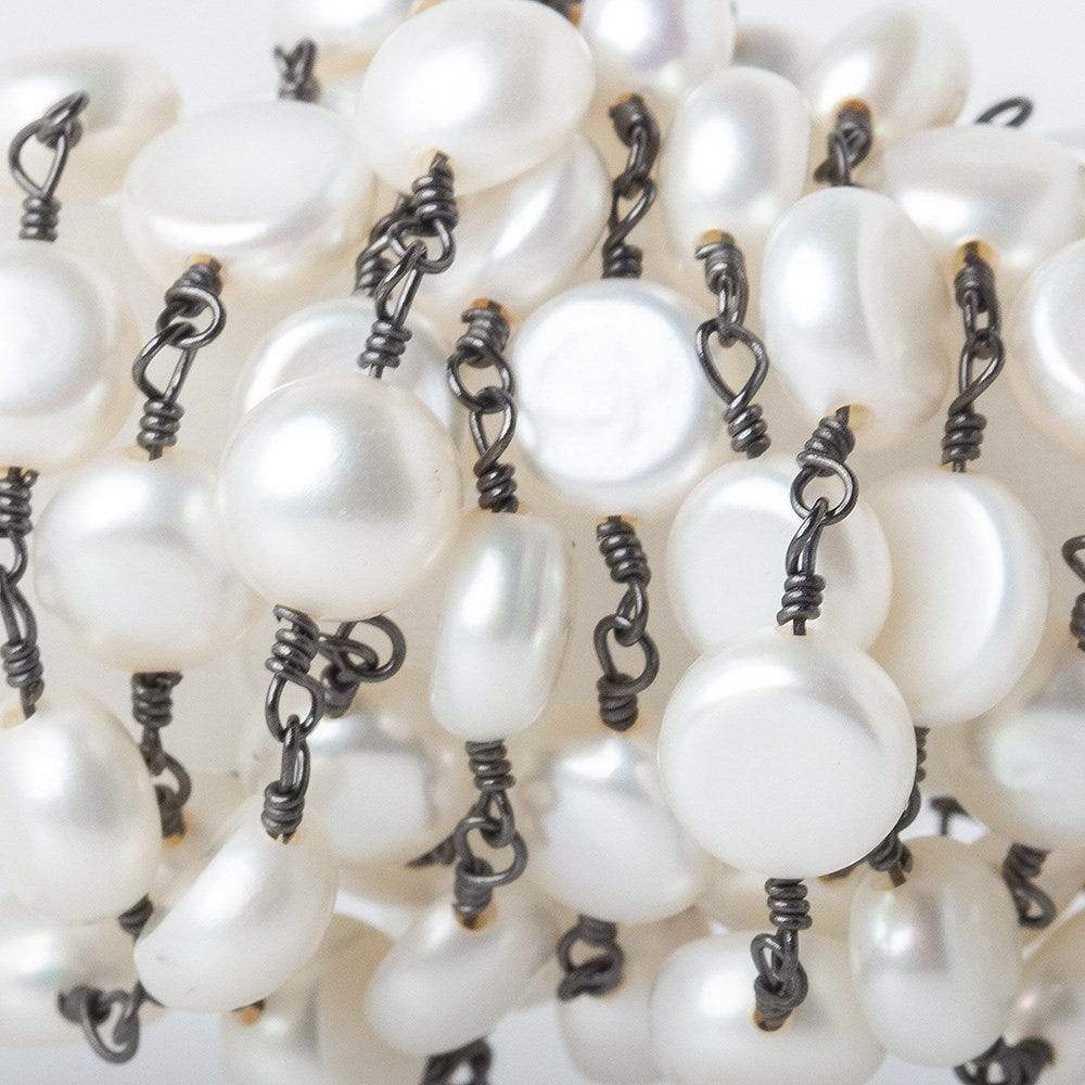 7mm Off White Button Freshwater Pearl Black Gold Plated Chain by the foot (ONLINE ORDER ONLY)