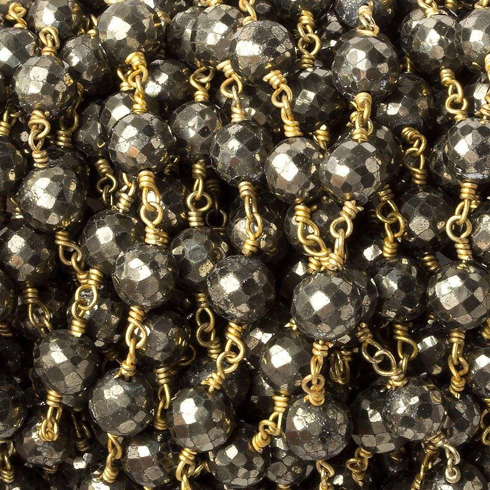 7mm Pyrite faceted round Gold plated Chain by the foot 21 beads (ONLINE ORDER ONLY)