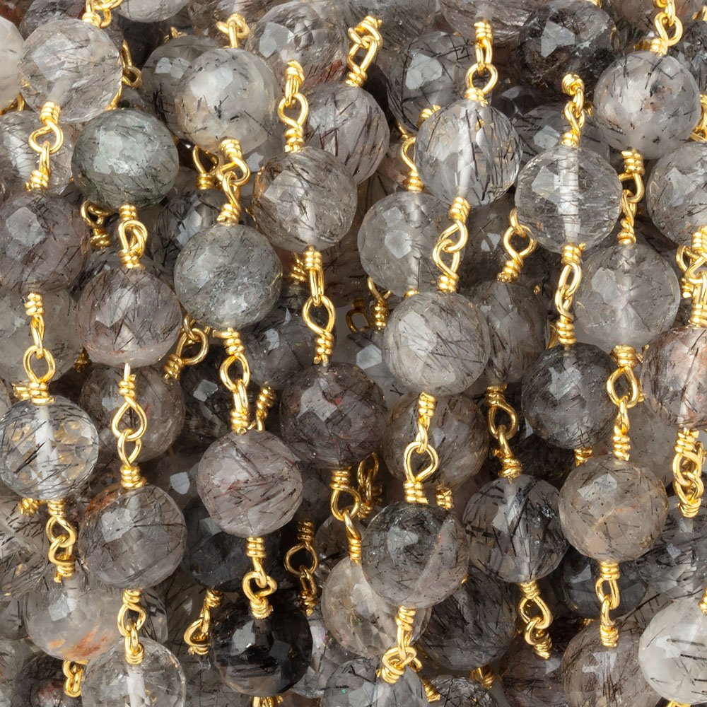7mm Tourmalinated Quartz Faceted Rounds on Gold Plated Chain (ONLINE ORDER ONLY)