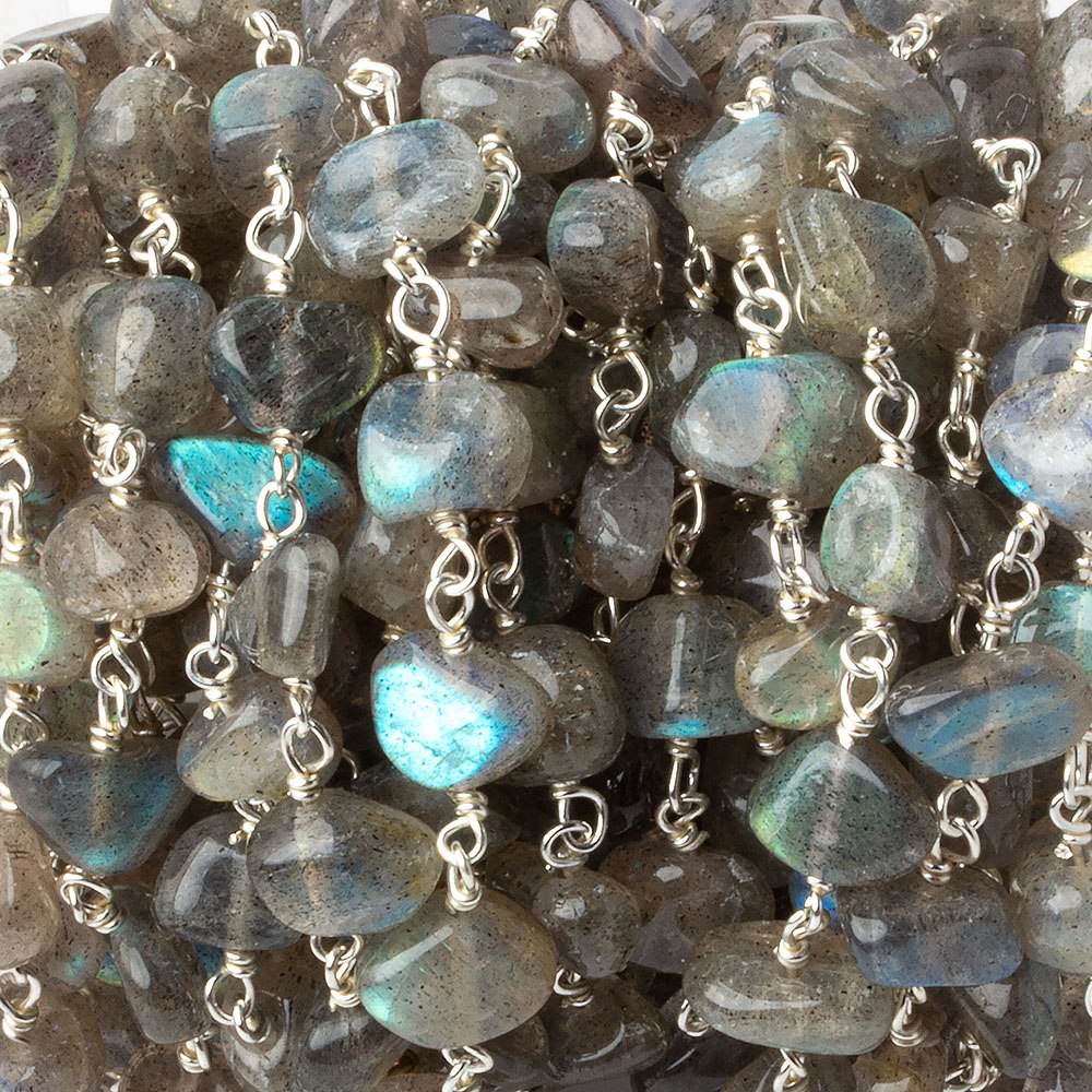 7x6-9x7mm Labradorite plain nugget .925 Silver chain by the foot 26 pcs (ONLINE ORDER ONLY)