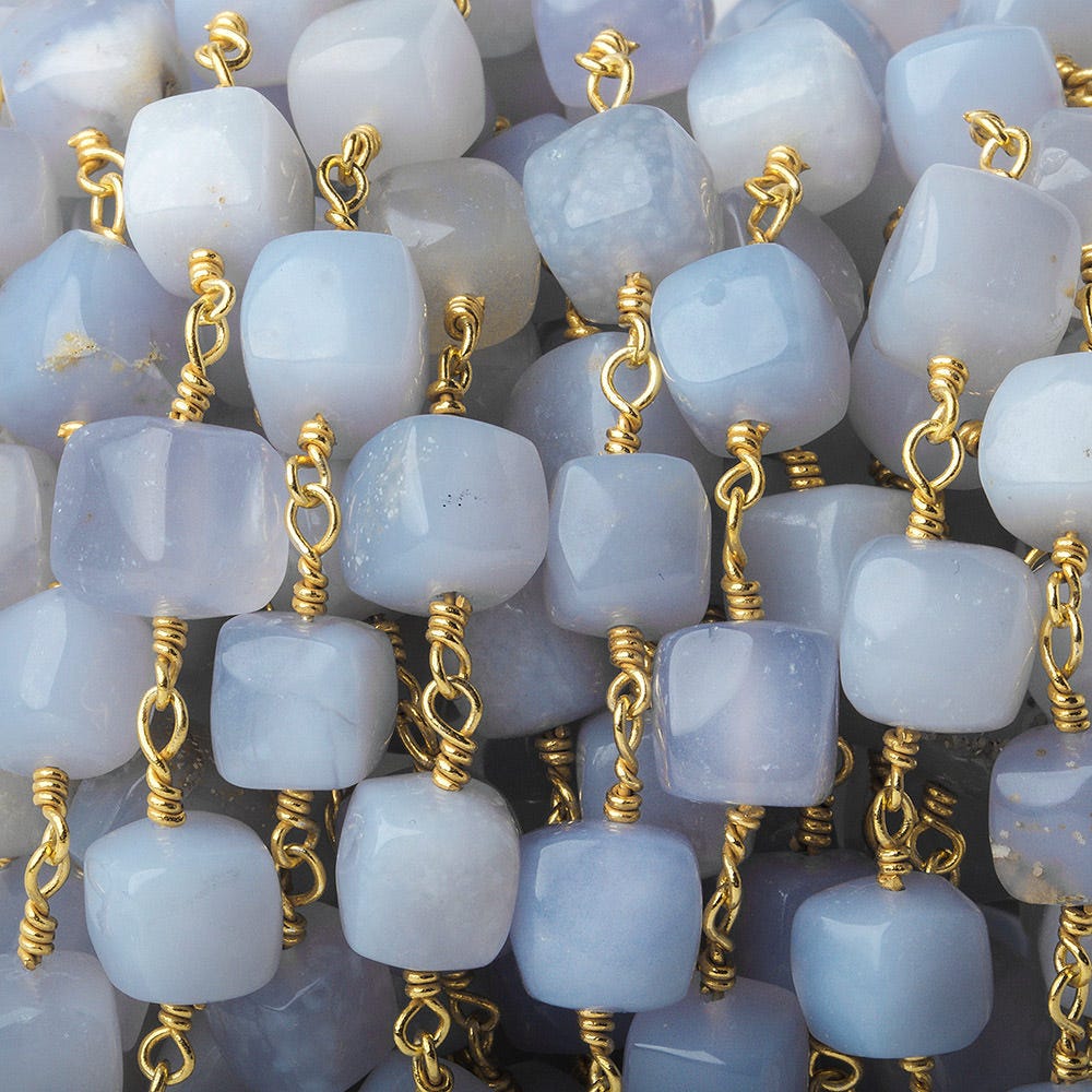 7x7-8.5x8.5mm Turkish Blue Chalcedony plain cube Gold plated Chain by the foot (ONLINE ORDER ONLY)
