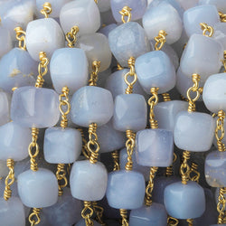 7x7-8.5x8.5mm Turkish Blue Chalcedony plain cube Gold plated Chain by the foot (ONLINE ORDER ONLY)