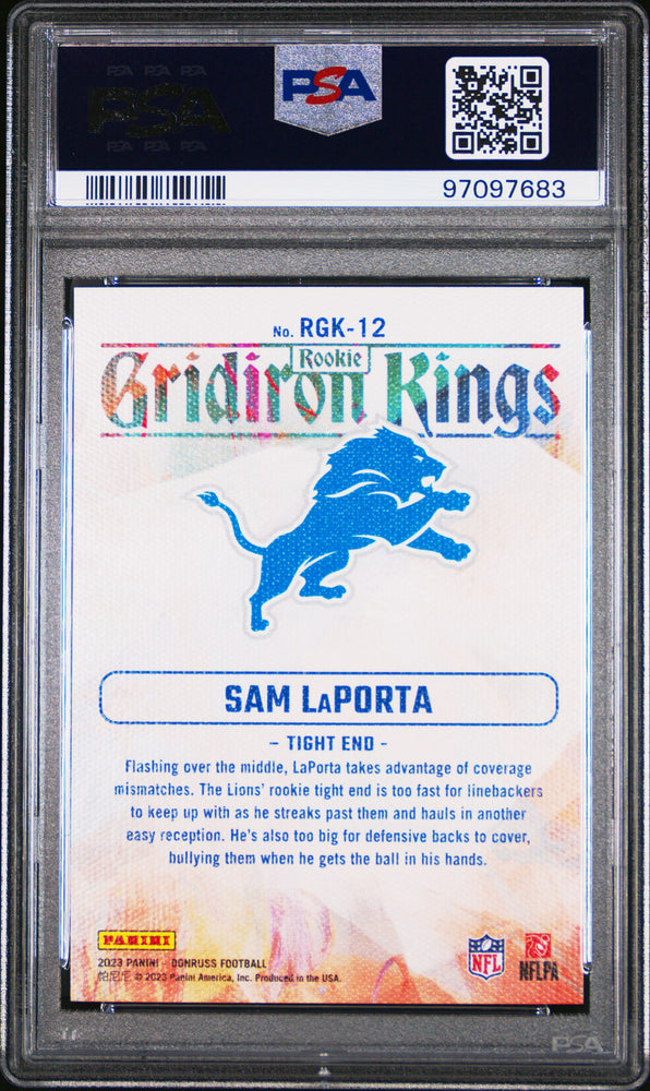 Graded 2023 Panini Donruss Sam LaPorta #RGK12 Rookie Gridiron Kings Rookie RC Football Card PSA 10 Gem Mint (ONLINE ORDER ONLY)