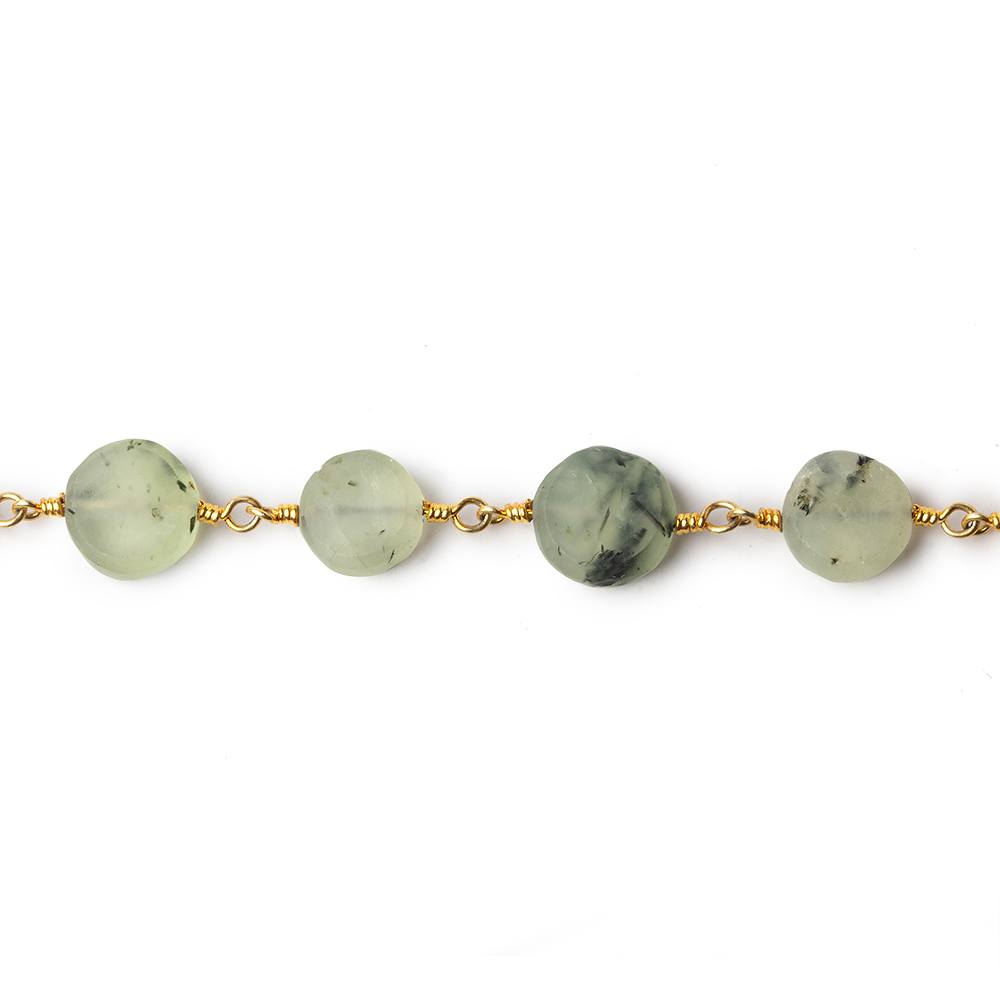 8-9mm Matte Dendritic Prehnite plain coin Gold plated Chain by the foot