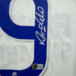 Framed Autographed/Signed Ronaldo Nazario 35x39 Real Madrid White Soccer Jersey Beckett BAS COA