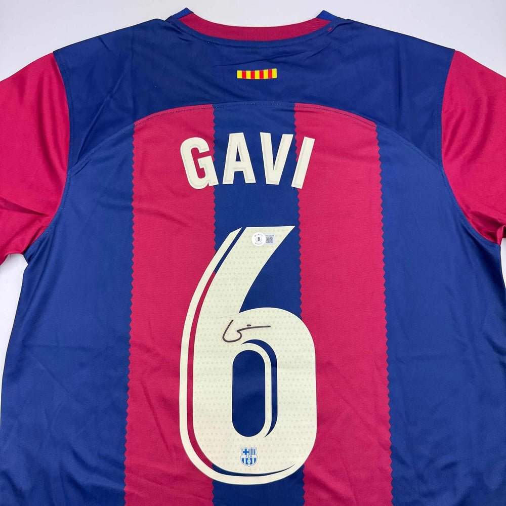 Framed Autographed/Signed Gavi 35x39 FC Barcelona Blue Soccer Jersey Beckett BAS COA