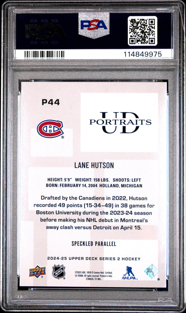 Graded 2024 Upper Deck Lane Hutson #P44 UD Portraits Speckle Rookie RC Hockey Card PSA 10 Gem Mint