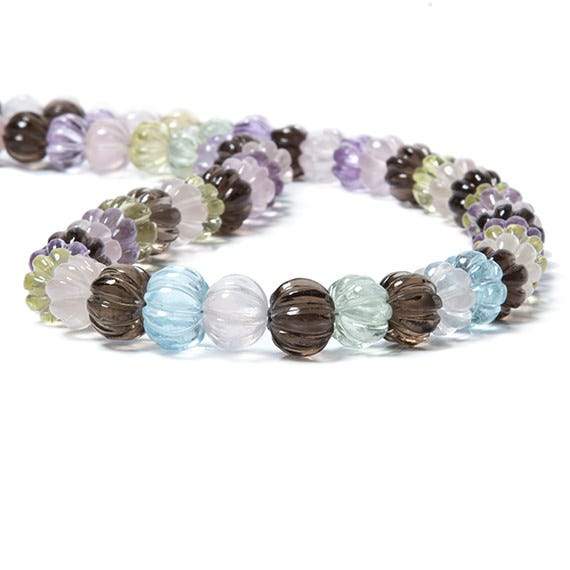 8.5-10.5mm Multi Gemstone Carved Melon Rondelles 16 inch 63 Beads (ONLINE ORDER ONLY)