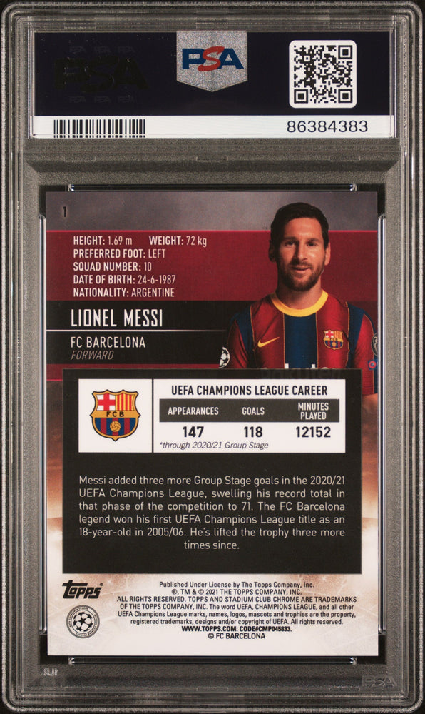 Graded 2020-21 Topps Stadium Club Chrome UCL Lionel Messi #1 Champions League Soccer Card PSA 10 Gem Mint
