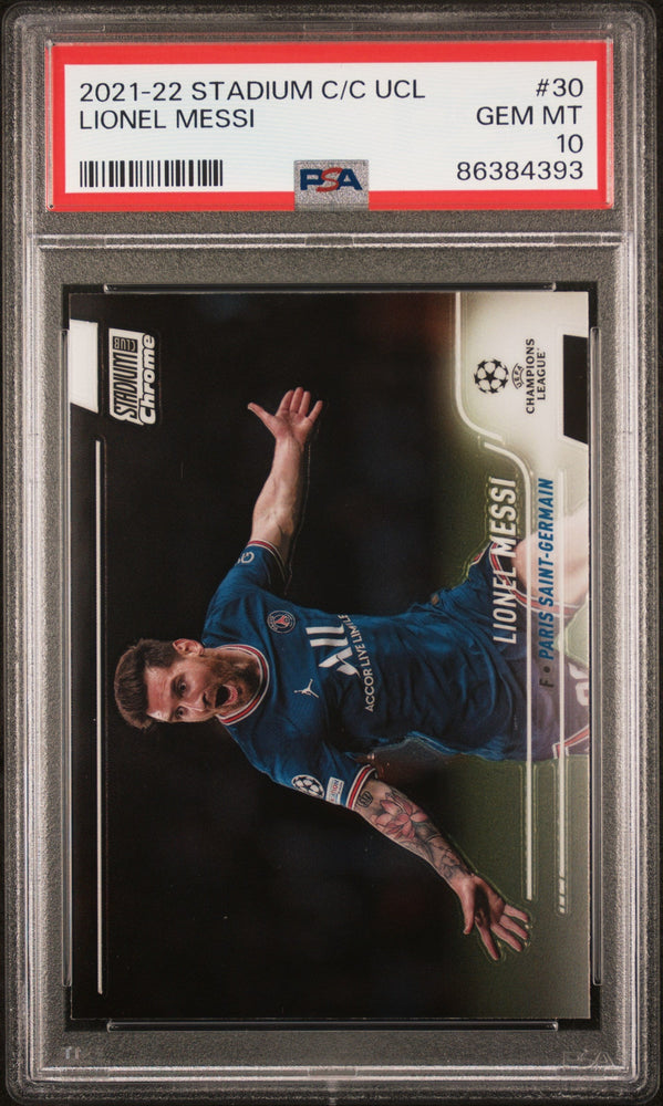 Graded 2021-22 Topps Stadium Club Chrome UCL Lionel Messi #30 Champions League Soccer Card PSA 10 Gem Mint