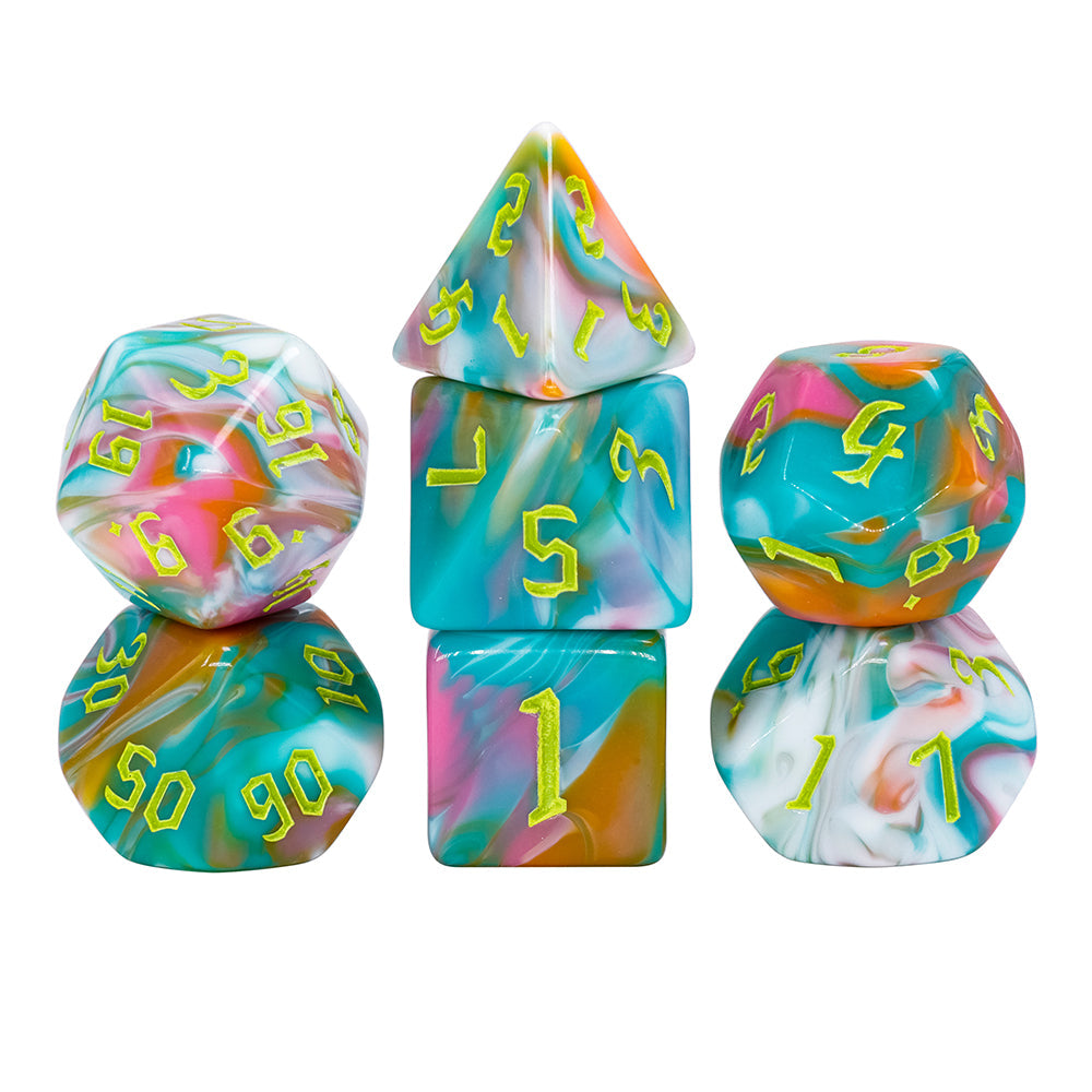 Teal Sky 7-Dice Set Pastel Green Pink w/Green Numbers Dnd Dice Set (Online Only)