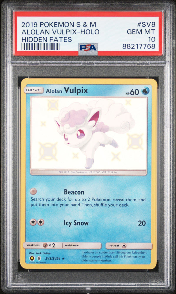 Graded 2019 PKM Sun & Moon Alolan Vulpix #SV8 HOLO Hidden Fates Trading Card Game PSA 10 Gem Mint