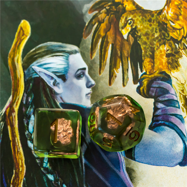 Druid (Wolf Head) Green/gold Dice w/ Golden Wolf Head 7-Dice Set Rpg (Online Only)