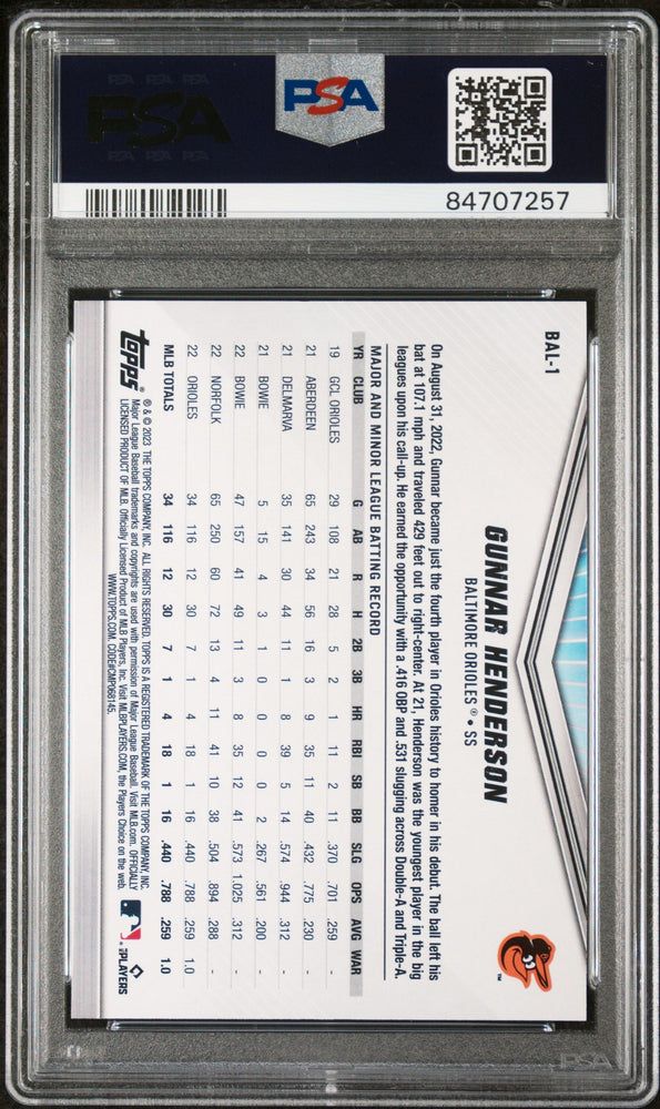 2023 TOPPS INTERNATIONAL TRADING CARD DAY BALTIMORE ORIOLES GUNNAR HENDERSON BALTIMORE ORIOLES #BAL1 - PSA 10 (Online Order Only)