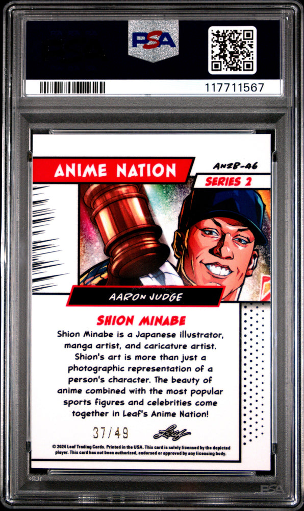 Graded 2024 Leaf Aaron Judge #AN2B46 Anime Nation Series 2 Purple /49 Baseball Card PSA 8 Near Mint (ONLINE ORDER ONLY)