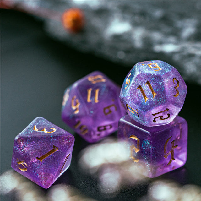 Purple Glitter Party Glitter Dice (Gold font) 7-Dice Set RPG DND (Online Only)