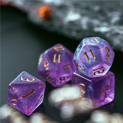 Purple Glitter Party Glitter Dice (Gold font) 7-Dice Set RPG DND (Online Only)