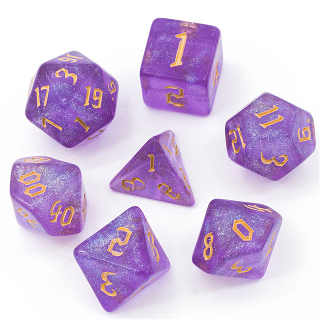 Purple Glitter Party Glitter Dice (Gold font) 7-Dice Set RPG DND (Online Only)