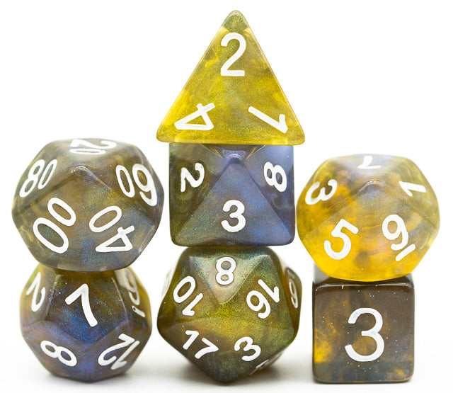 Yellow & Blue w/white Galaxy Glitter 7-Dice Set RPG (Online Only)