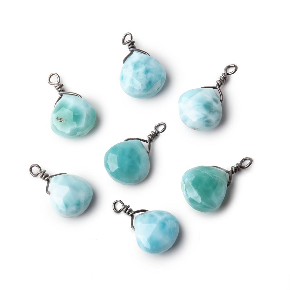 8mm Black Gold Wire Wrapped Larimar Faceted Heart 1 Focal Pendant (ONLINE ORDER ONLY)
